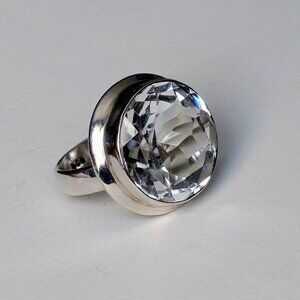 Sterling Silver 925 17MM Faceted Rock Crystal Clear White Quartz Cocktail Ring